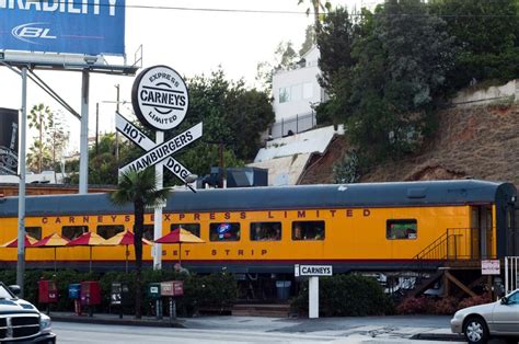 Carneys restaurant - Step into the train and let the good times roll. -David Applebaum, Launch My Line. Burgers & hot dogs served in an old Pacific Railroad train car on the Sunset strip. Get the Carney's Redeye: Polish dig w/chili and cheese. ask for extra onion/no tomato. 